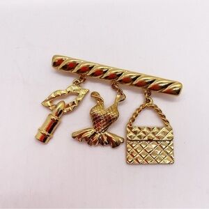 Gold Tone bar Brooch Lips dance Shopping Bag Purse Girly Charms